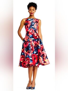 Adrianna Papell $189 MSRP Floral Fit-and-Flare Midi Mikado Dress in Multi Red